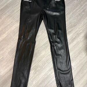 RtA Black Faux Leather Leggings with Rhinestone Waist Detail